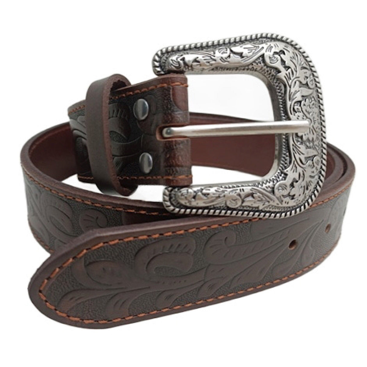 Pilbara Western Dress Buckle Tooled Leather Belt - Dark Brown