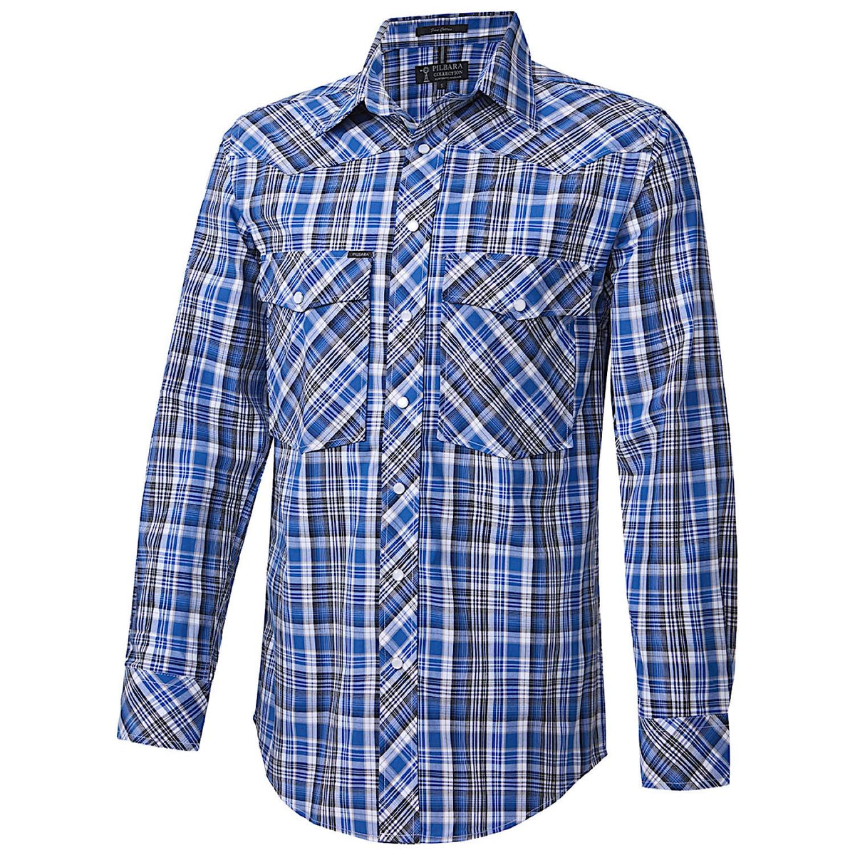 Pilbara Western Men’s Snap Button L/S Shirt - Blue/Black/White