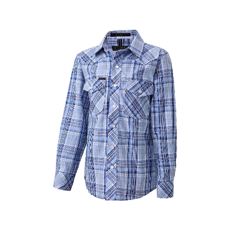 Pilbara Kid's Western Snap Button Shirt - Blue / Navy / White