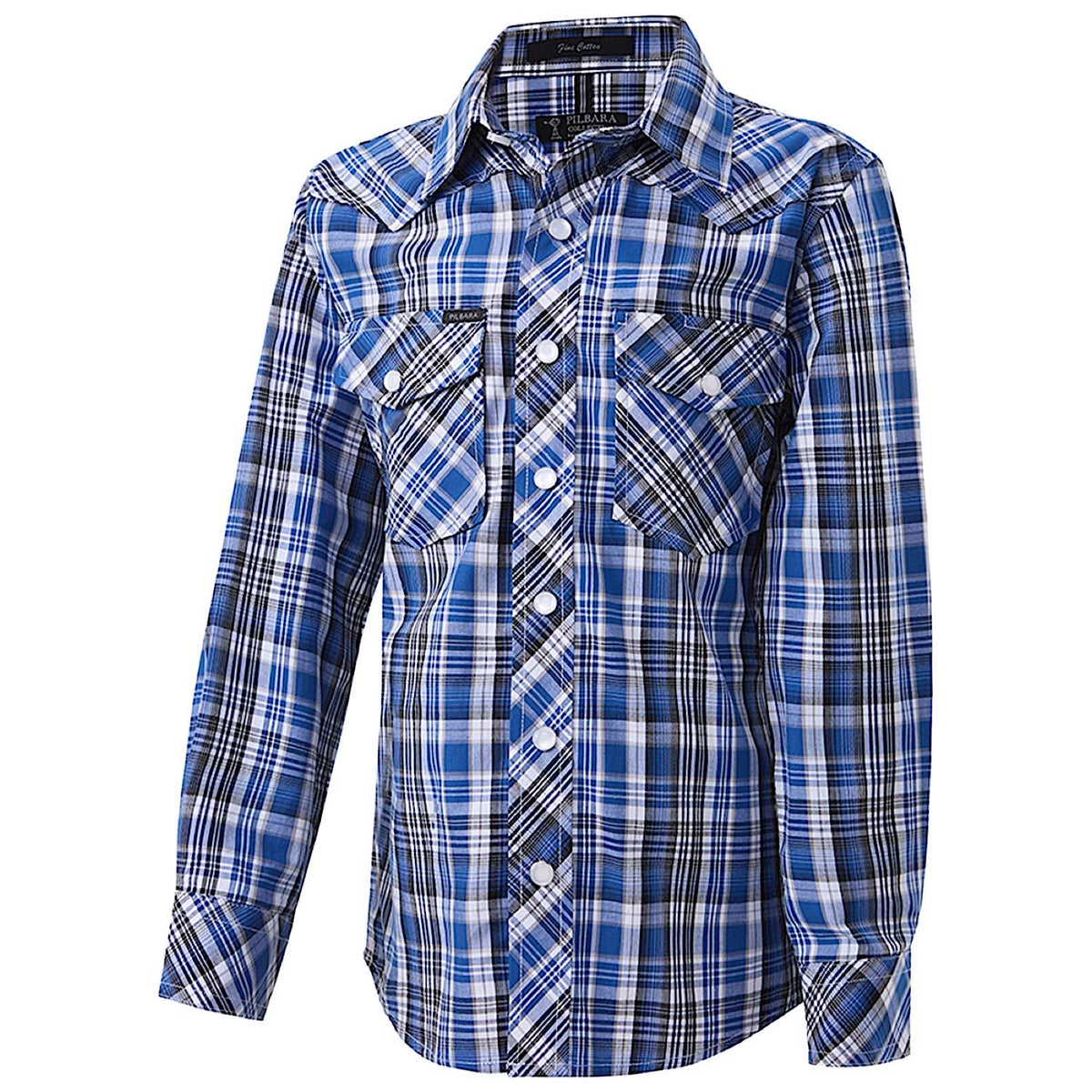 Pilbara Kid's Western Snap Button Shirt - Blue/Black/White