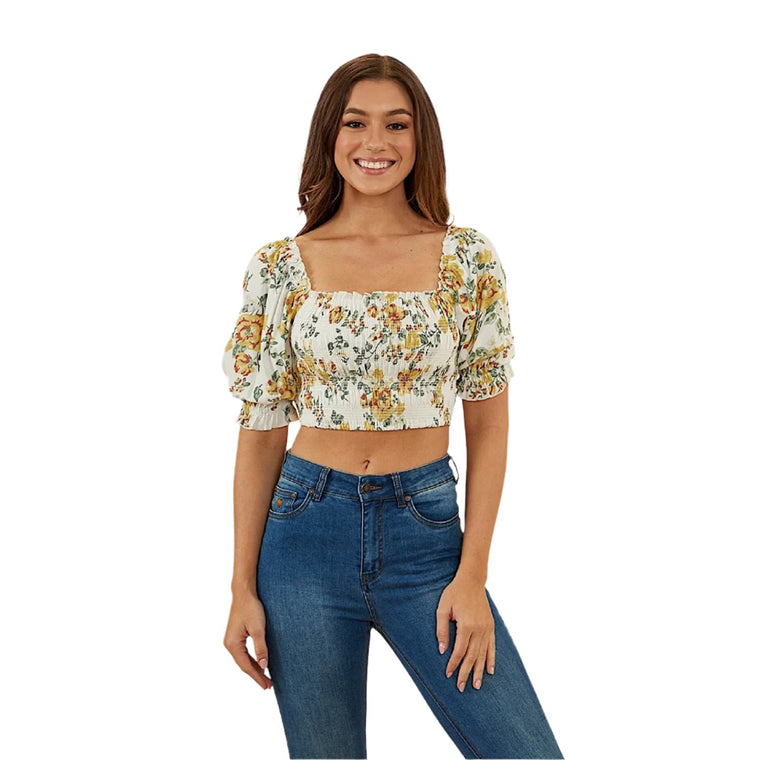 Ringers Western Women's Rosabel Shirred Top - White Yellow Roses