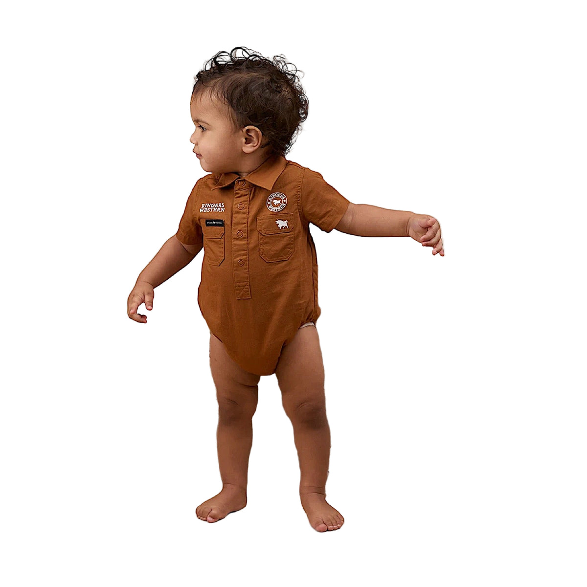 Ringers Western Babies Short Sleeve Work Shirt Romper - Tobacco/White