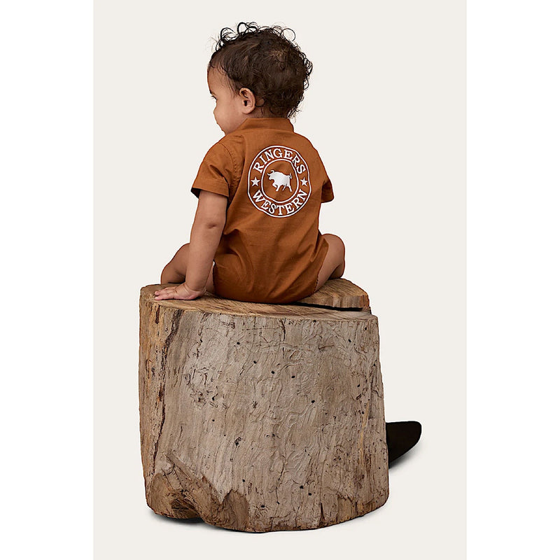Ringers Western Babies Short Sleeve Work Shirt Romper - Tobacco/White