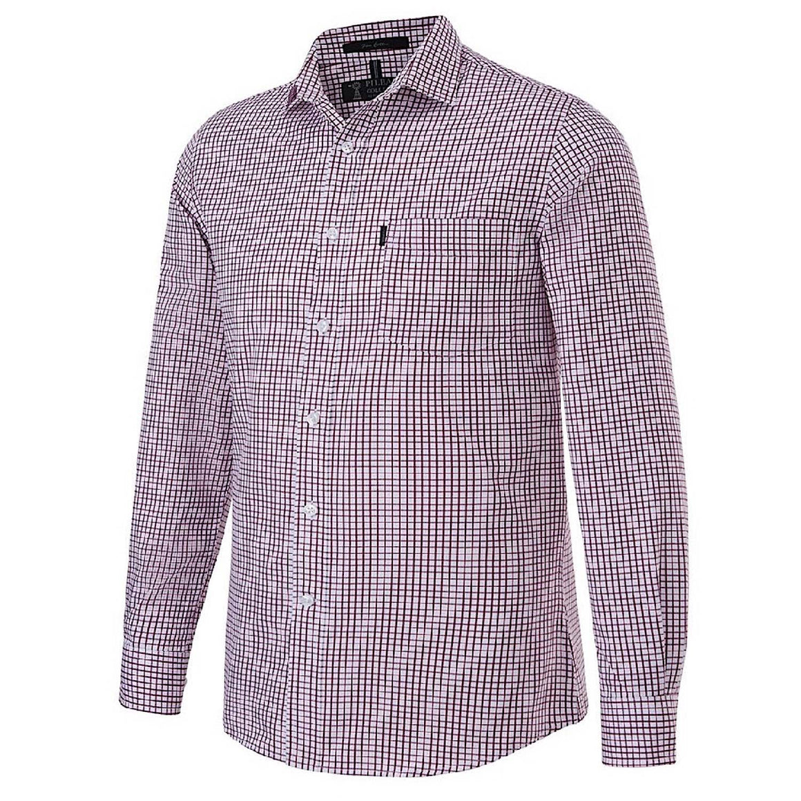 Pilbara Mens Yarn Dyed Check Single Pocket Long Sleeve Shirt - Burgundy/White