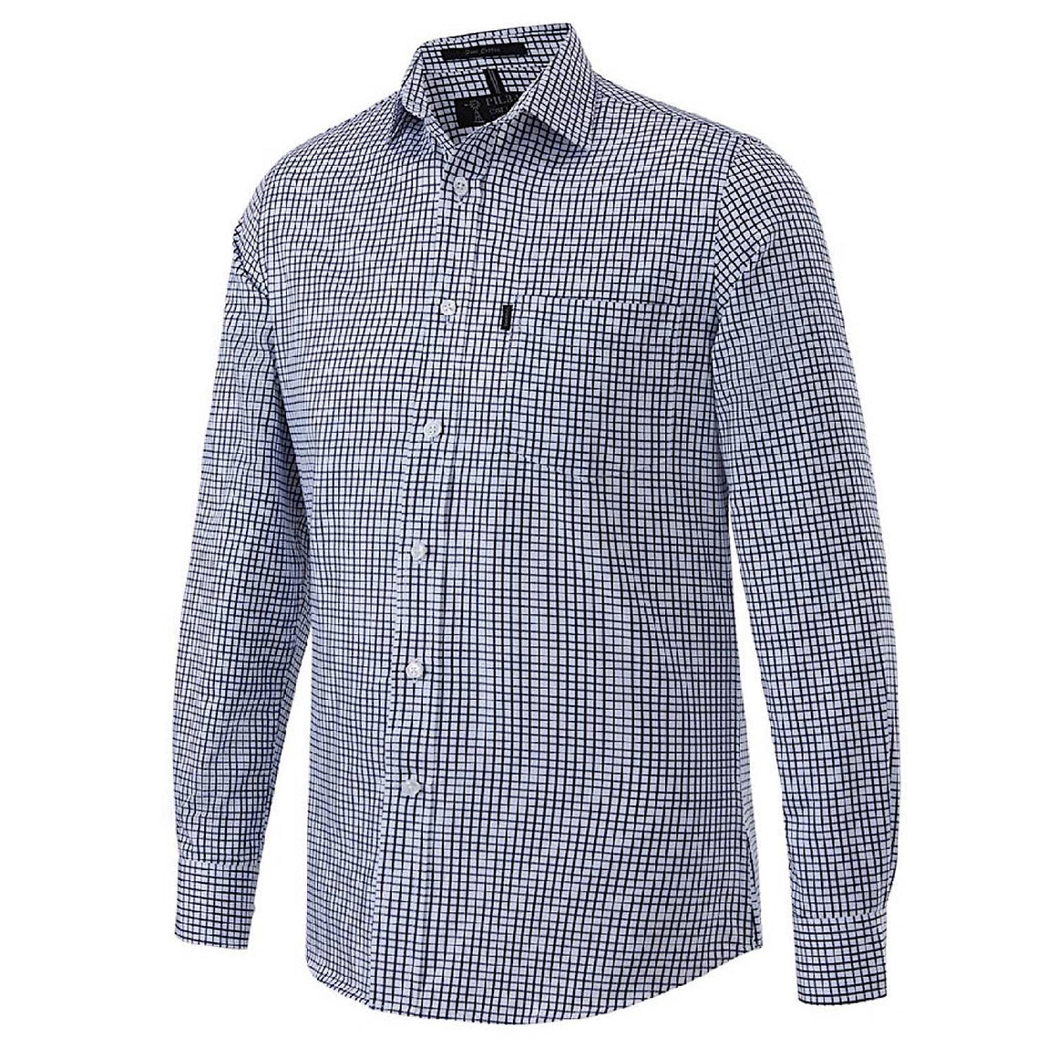 Pilbara Mens Yarn Dyed Check Single Pocket Long Sleeve Shirt - Navy/White