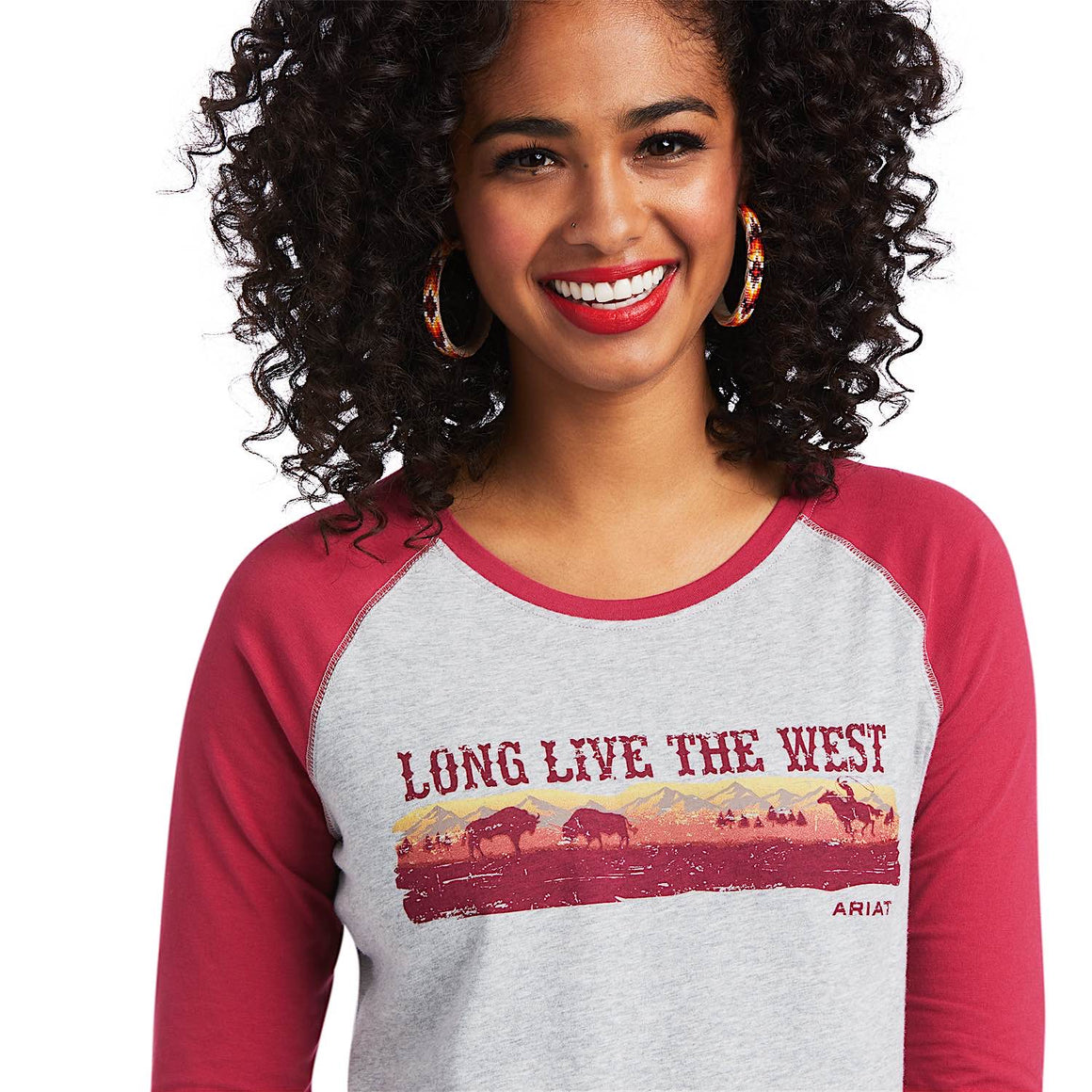 Ariat Womens Long Live Baseball 3/4 Sleeve Tee Shirt - Heather Grey/Red