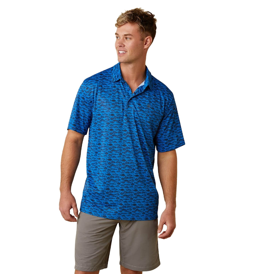 Ariat Mens All Over Fish Print S/S Polo Cendre Blue