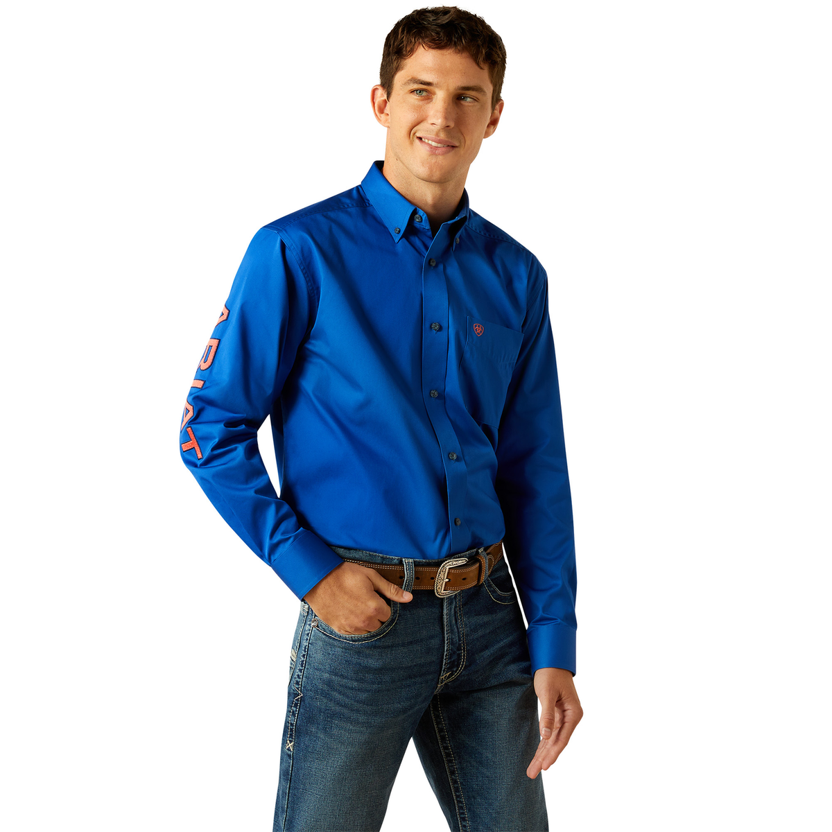 Ariat Men’s Team Logo Twill Classic Fit Shirt - Blue/Orange