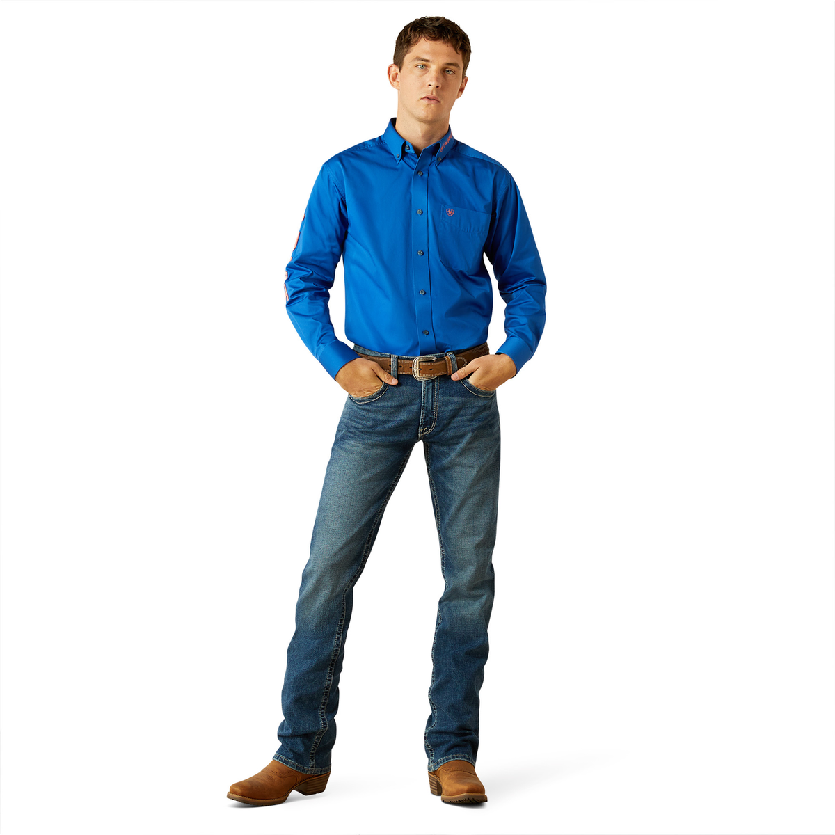 Ariat Men’s Team Logo Twill Classic Fit Shirt - Blue/Orange