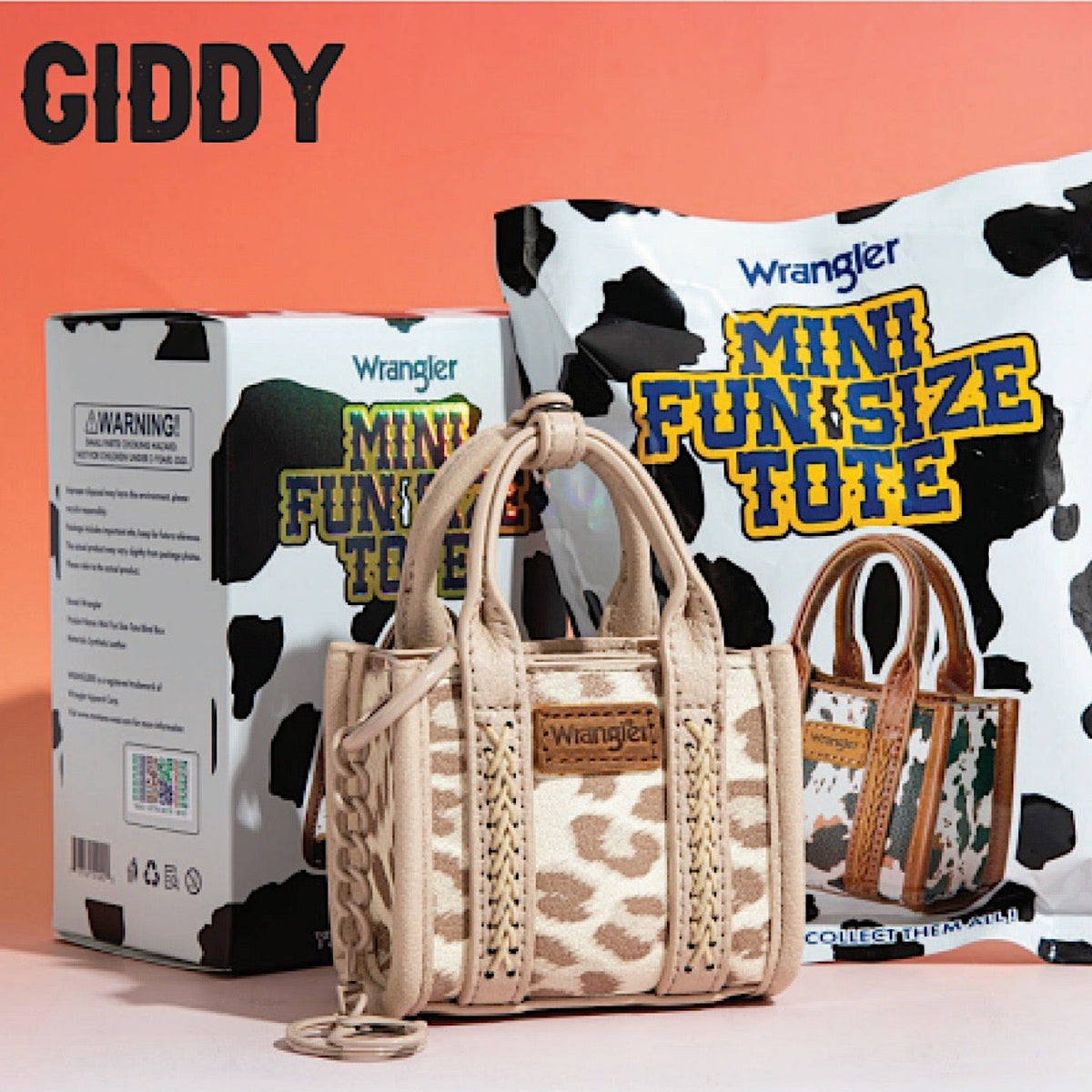 Miniature leopard print tote bag with Wrangler packaging on a pink background