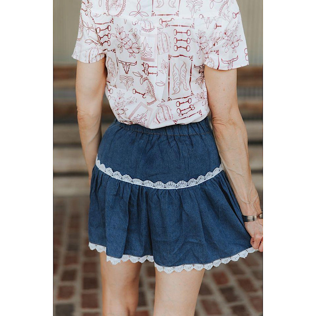 Lucky & Blessed Women's Lace Trim Detail Western Yoke Ruffle Skirt - Mid Wash
