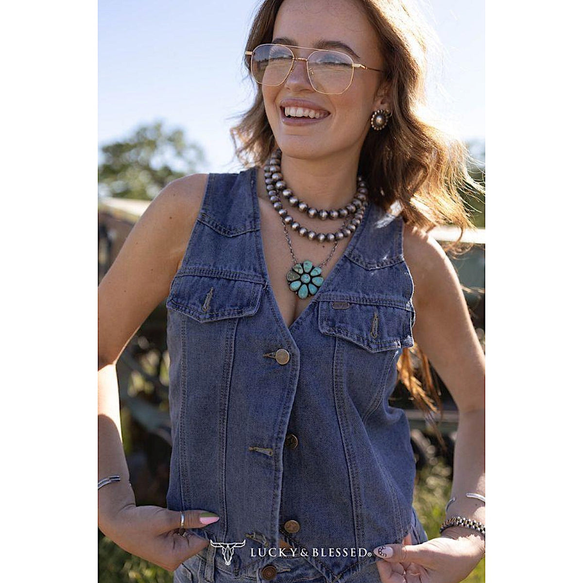 Lucky & Blessed Women's Button Down Denim Vest - Mid Wash