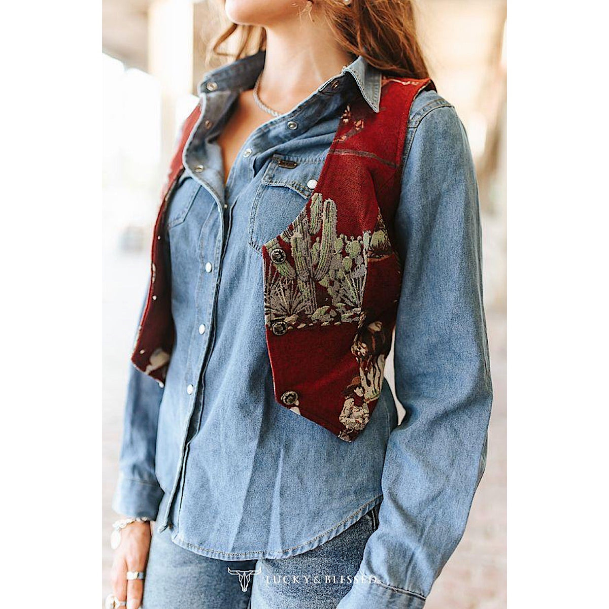 Lucky & Blessed Women's Button Down Corset Top - Jacquard Red Horse Print