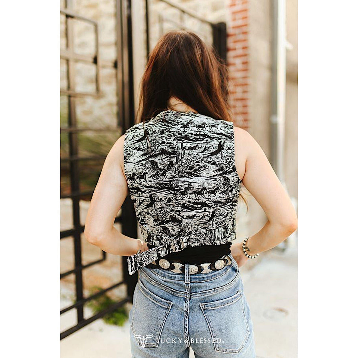Lucky & Blessed Women's Button Down Corset Top - Jacquard Black/White Horse Print