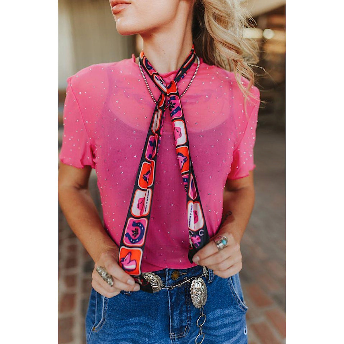 Lucky & Blessed Silk Twilly Scarf - Pink & Black Western Icon