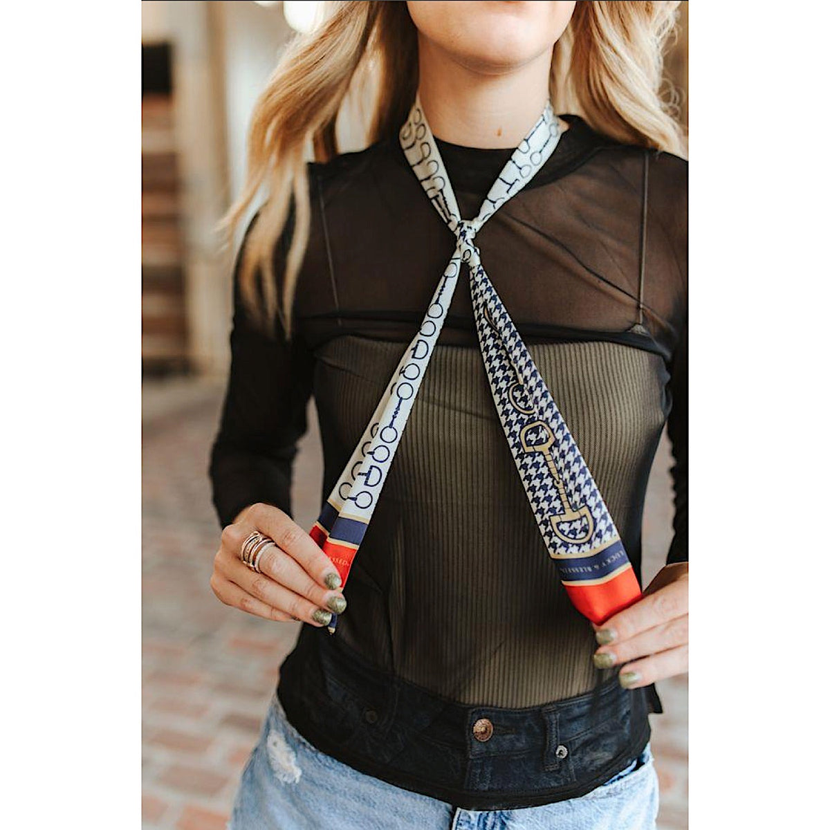 Lucky & Blessed Silk Twilly Scarf - Navy Houndstooth Horse Bit