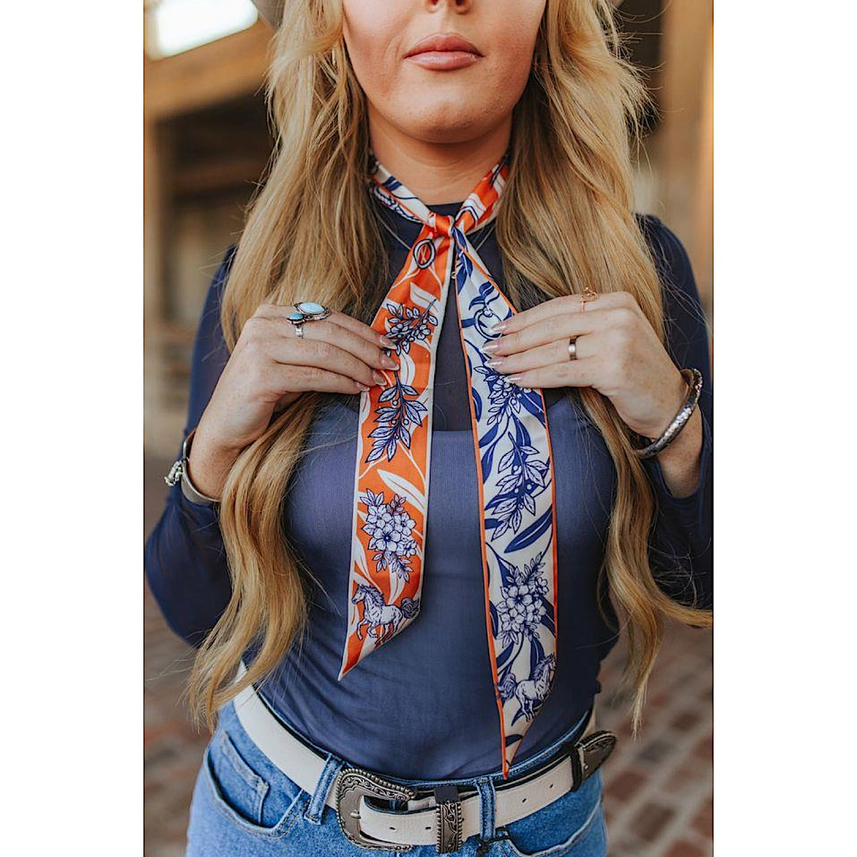 Lucky & Blessed Silk Twilly Scarf - Blue/Orange Western Rope