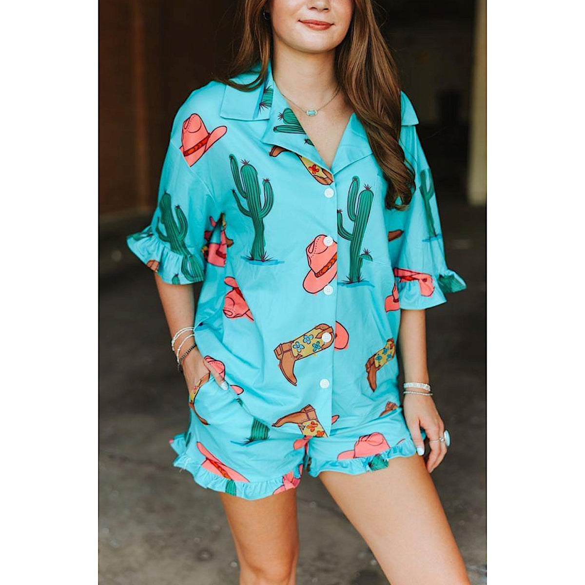 Lucky & Blessed Women's Printed Ruffle Shorts Set - Turquoise Cowgirl Hat/Boots/Cactus
