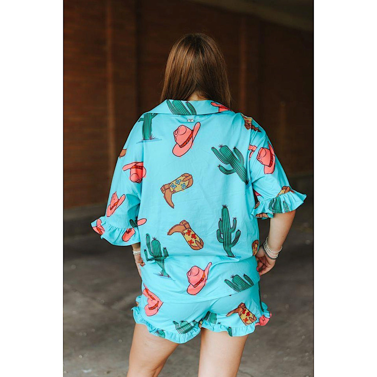 Lucky & Blessed Women's Printed Ruffle Shorts Set - Turquoise Cowgirl Hat/Boots/Cactus