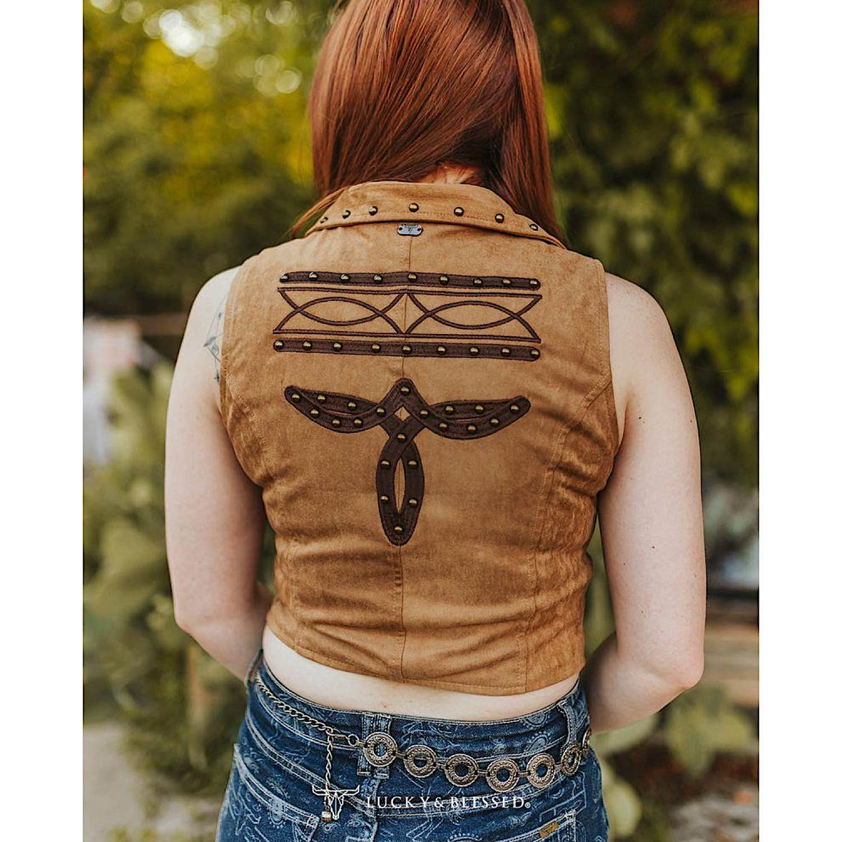 Lucky & Blessed Women's Suede Sleeveless Stretch Studded Patch Detail Zip Up Top - Brown