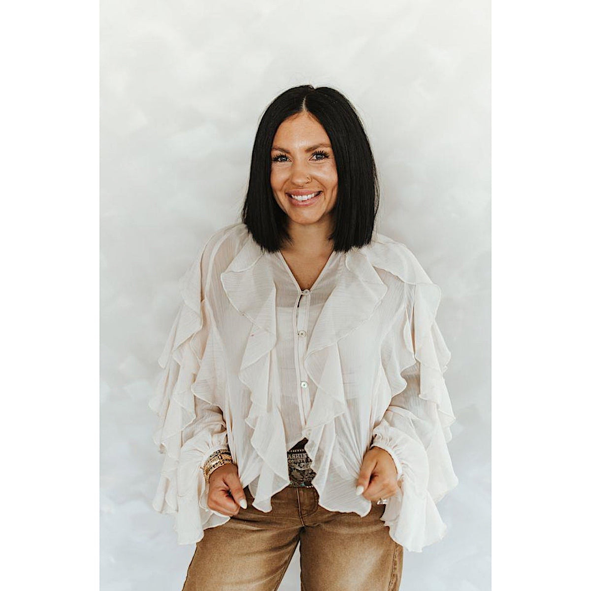 Lucky & Blessed Women's Multi Staggered Ruffle Long Sleeve Blouse - Ivory