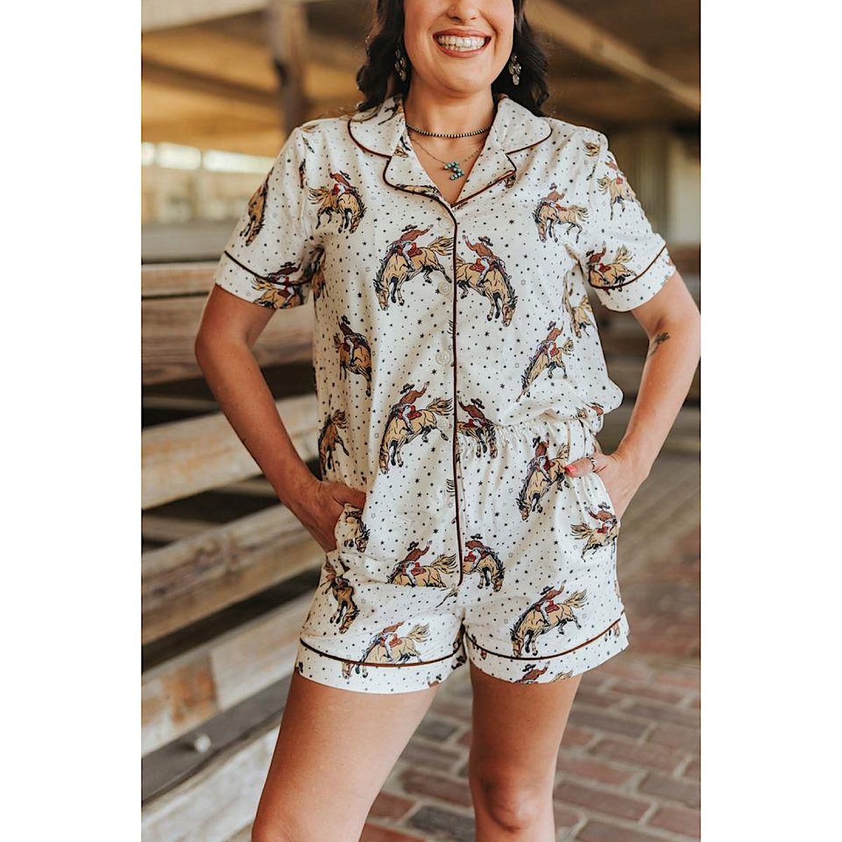 Lucky & Blessed Women's Short Sleeve Two Piece Set - Ivory Orange Western Bandana Print