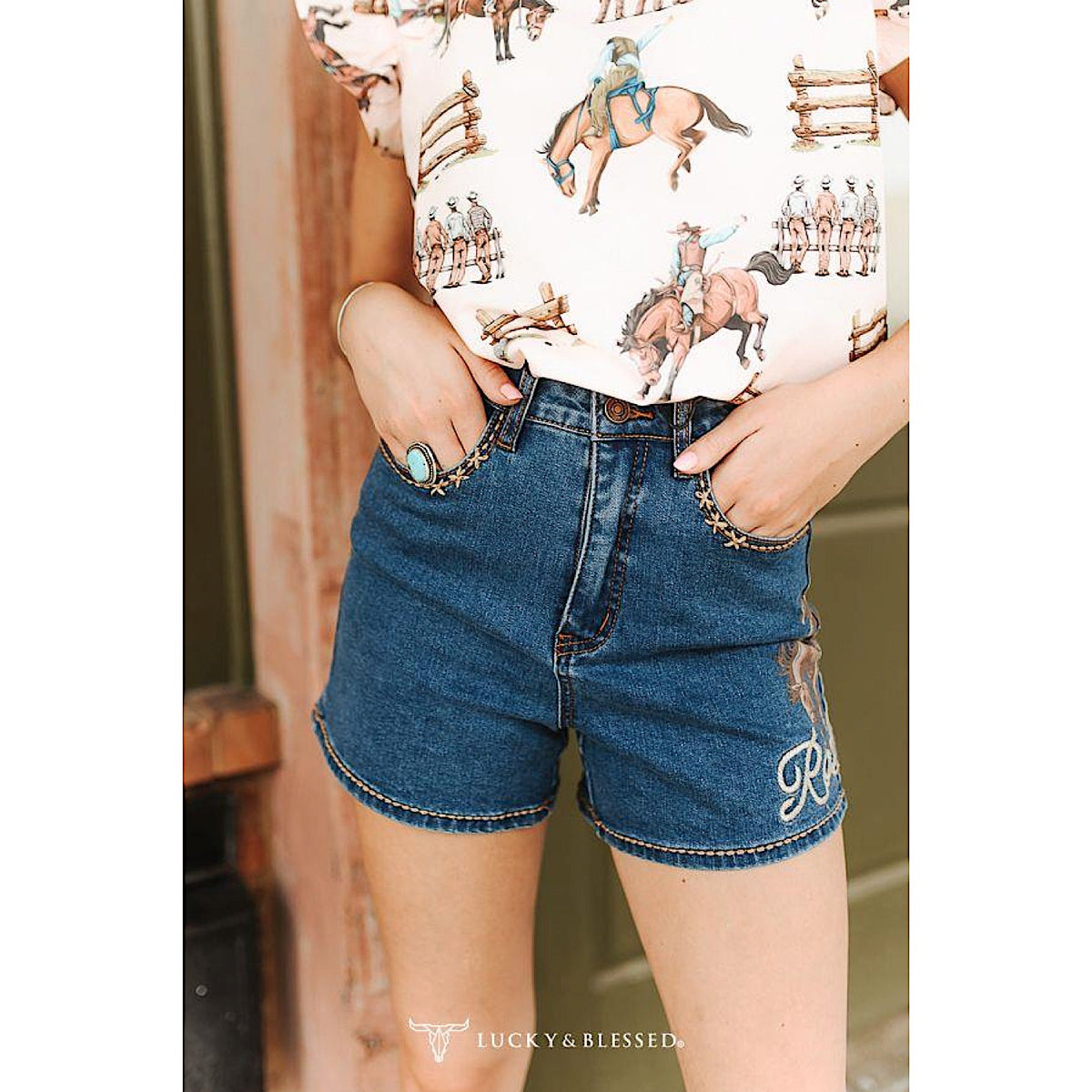 Lucky & Blessed Women's Rodeo Buck-Stitch Printed Stretch Denim Shorts - Mid Wash