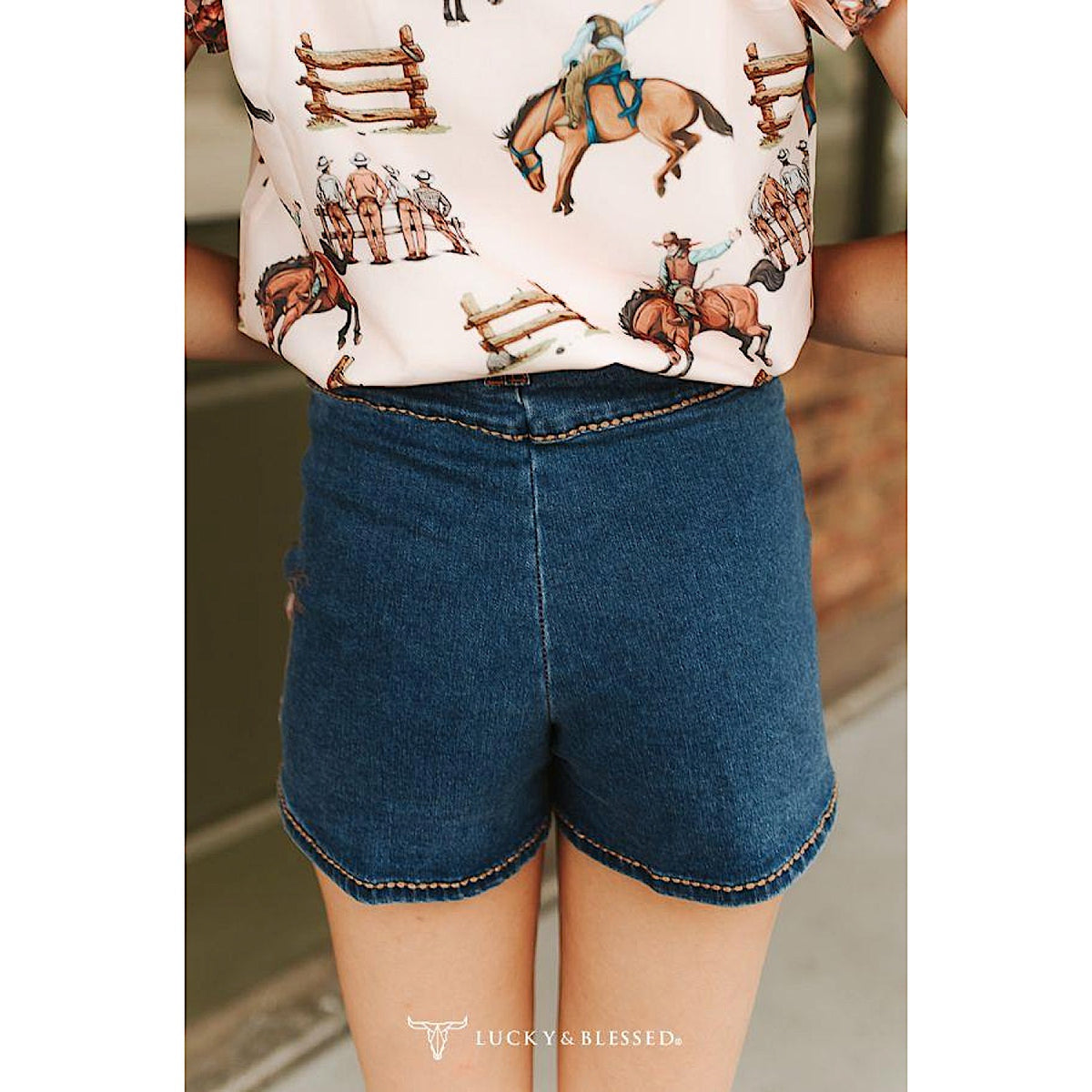 Lucky & Blessed Women's Rodeo Buck-Stitch Printed Stretch Denim Shorts - Mid Wash