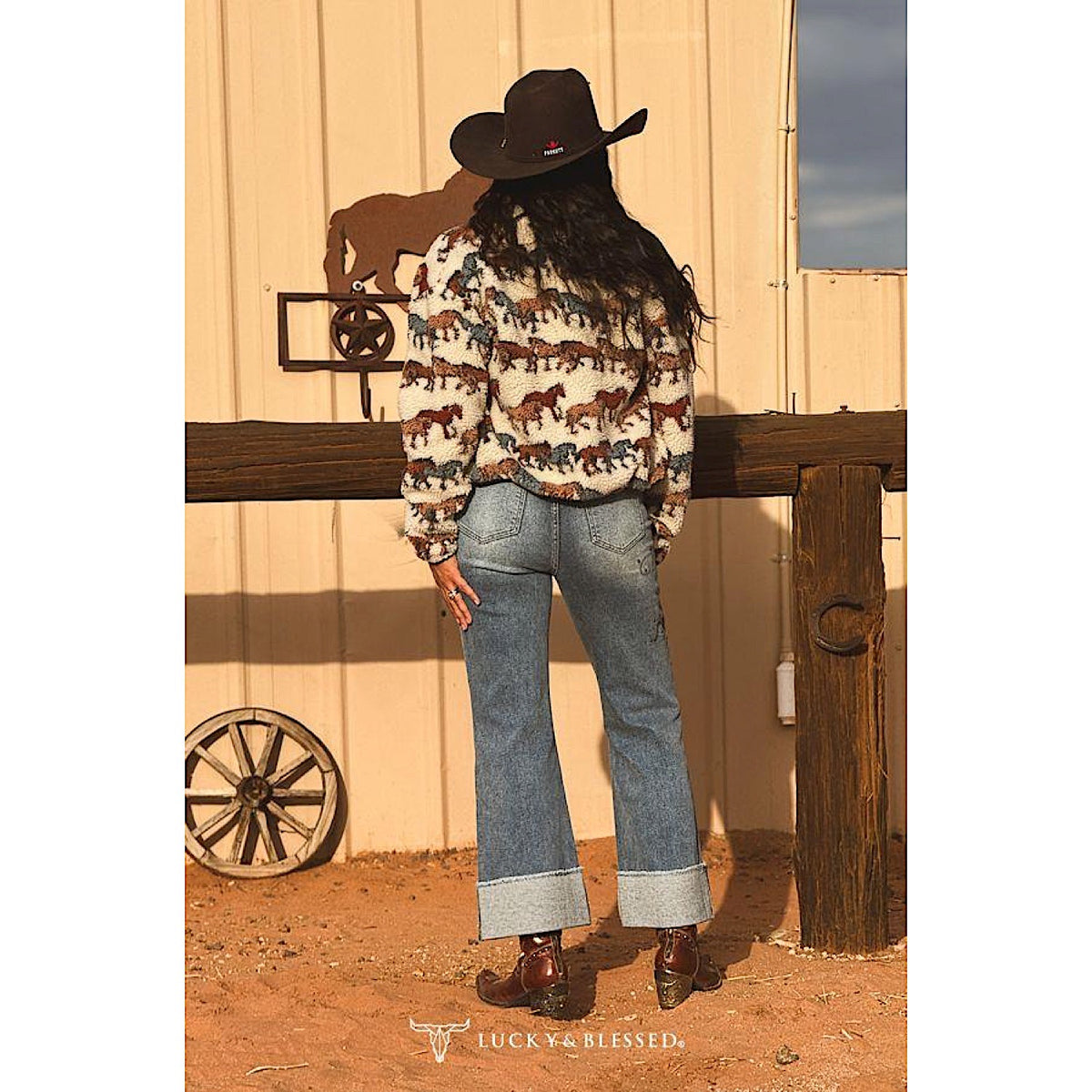 Lucky & Blessed Women's Distressed Studded Bronco Cuffed Cropped Straight leg Jean - Mid Wash
