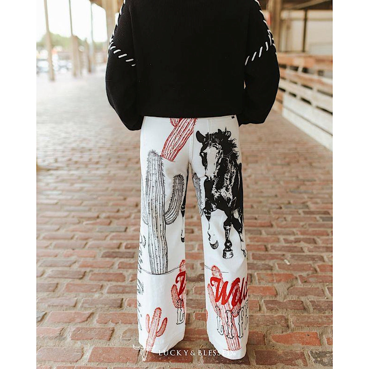 Lucky & Blessed Women's Cactus Wild Life Printed High Rise Wide Leg Jeans - White