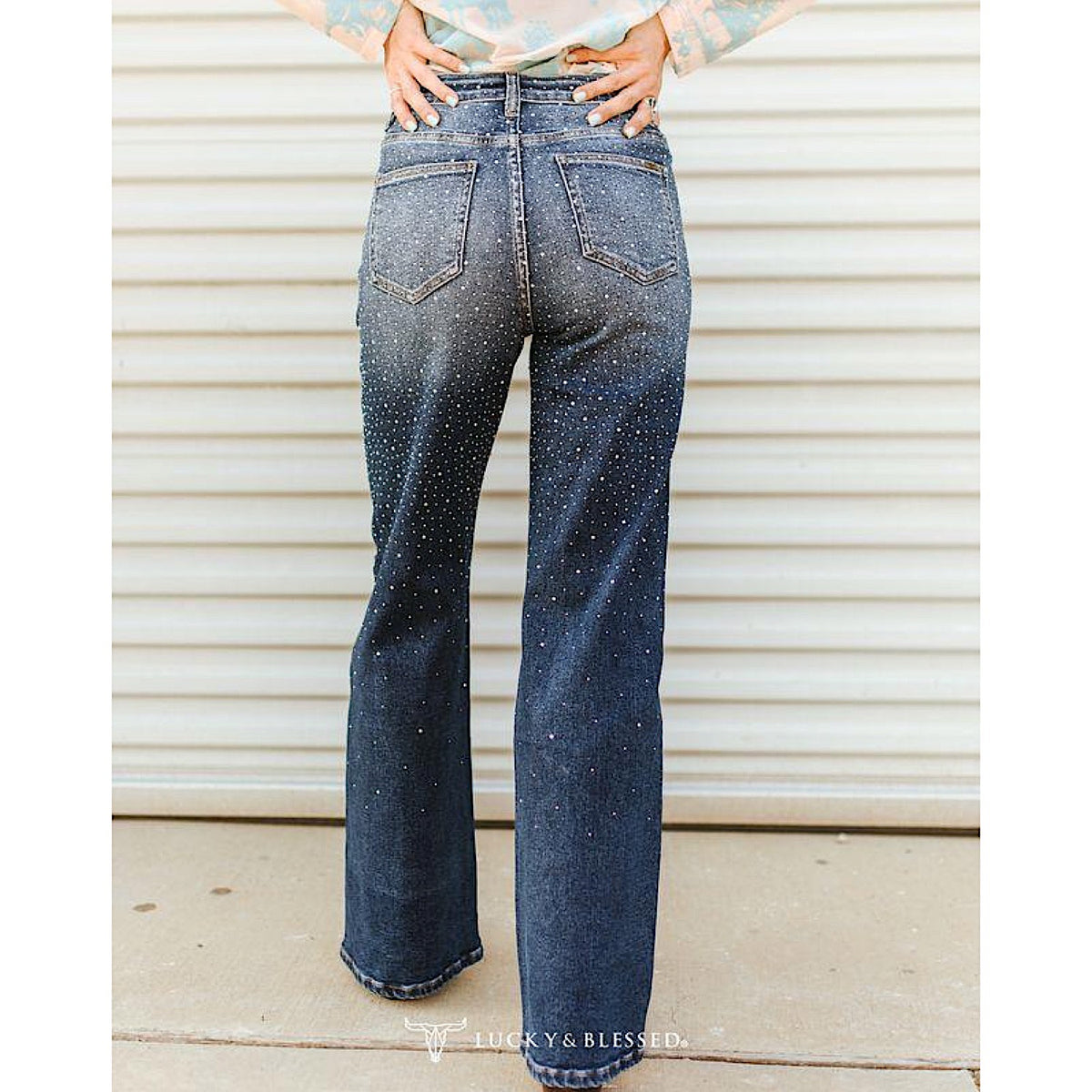 Lucky & Blessed Women's Rhinestone Studded Mid Rise Western Flare Jeans - Mid Wash