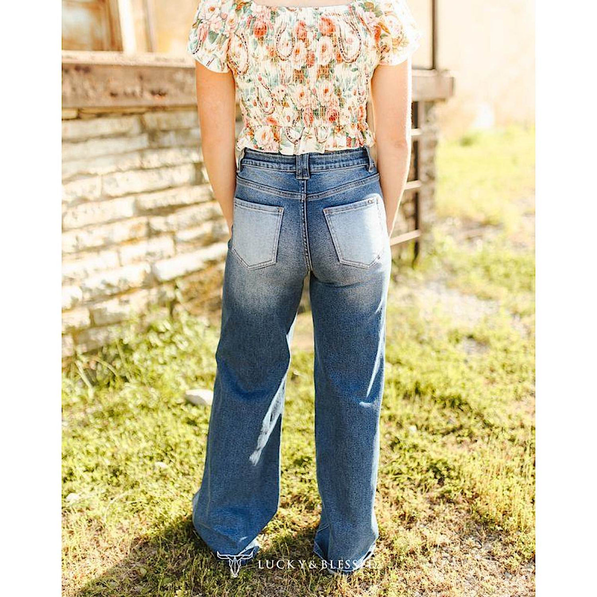 Lucky & Blessed Women's Mid Rise Baggy Wide Leg Jeans - Mid Wash Two Tone
