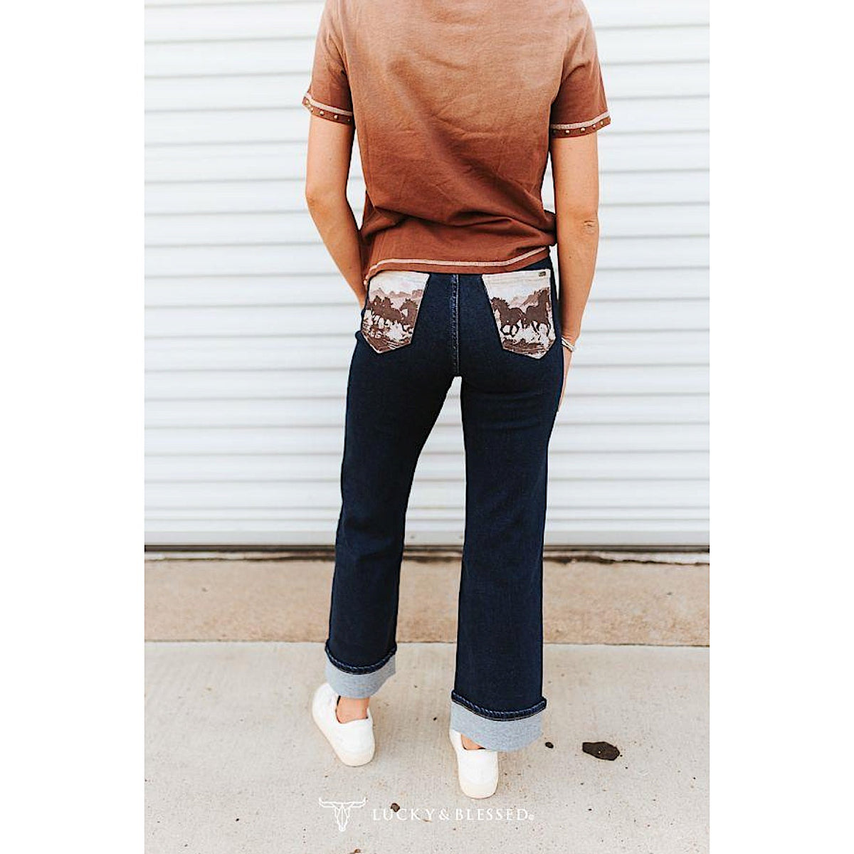 Lucky & Blessed Women's Vintage Horse Printed Back Pocket Studded Trim Detail Jeans - Dark Wash