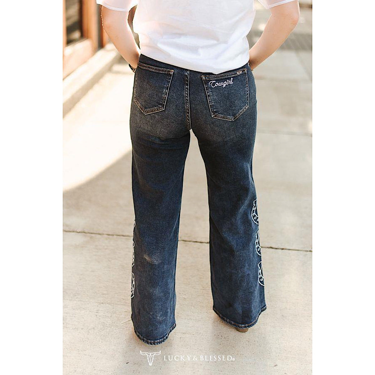 Lucky & Blessed Women's High Rise Wide Leg Horse Shoe Embroidered Cuffed Jeans - Dark Wash