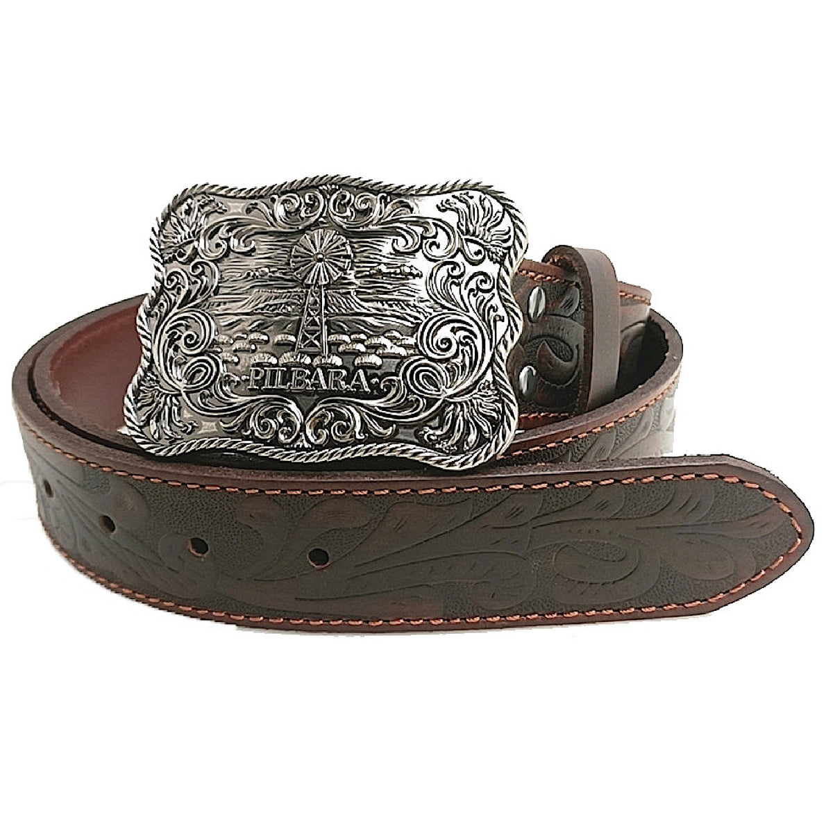 Pilbara Western Tooled Leather Belt - Rodeo Buckle