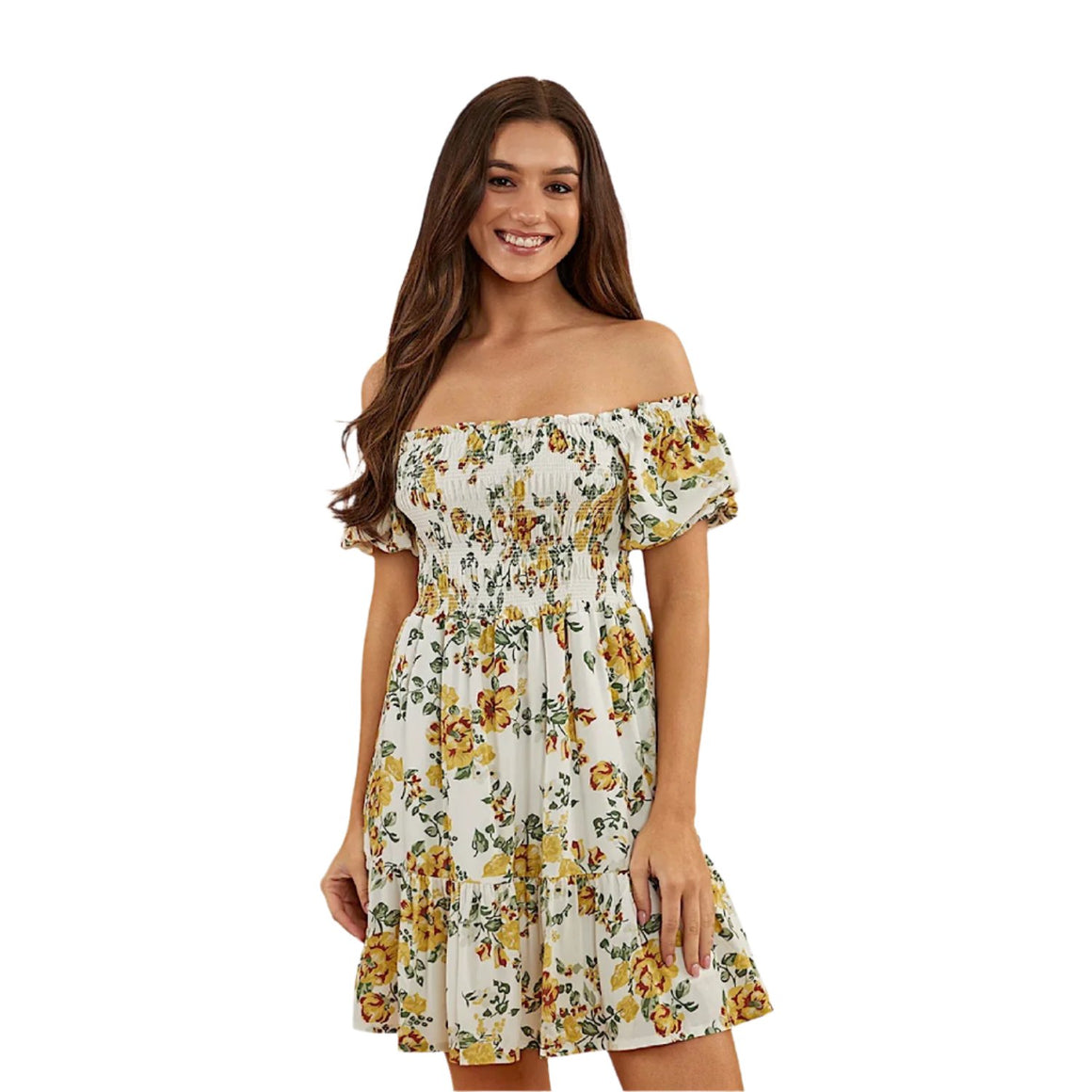 Ringers Western Women's Tahlia Shirred Mini Dress - White Yellow Roses