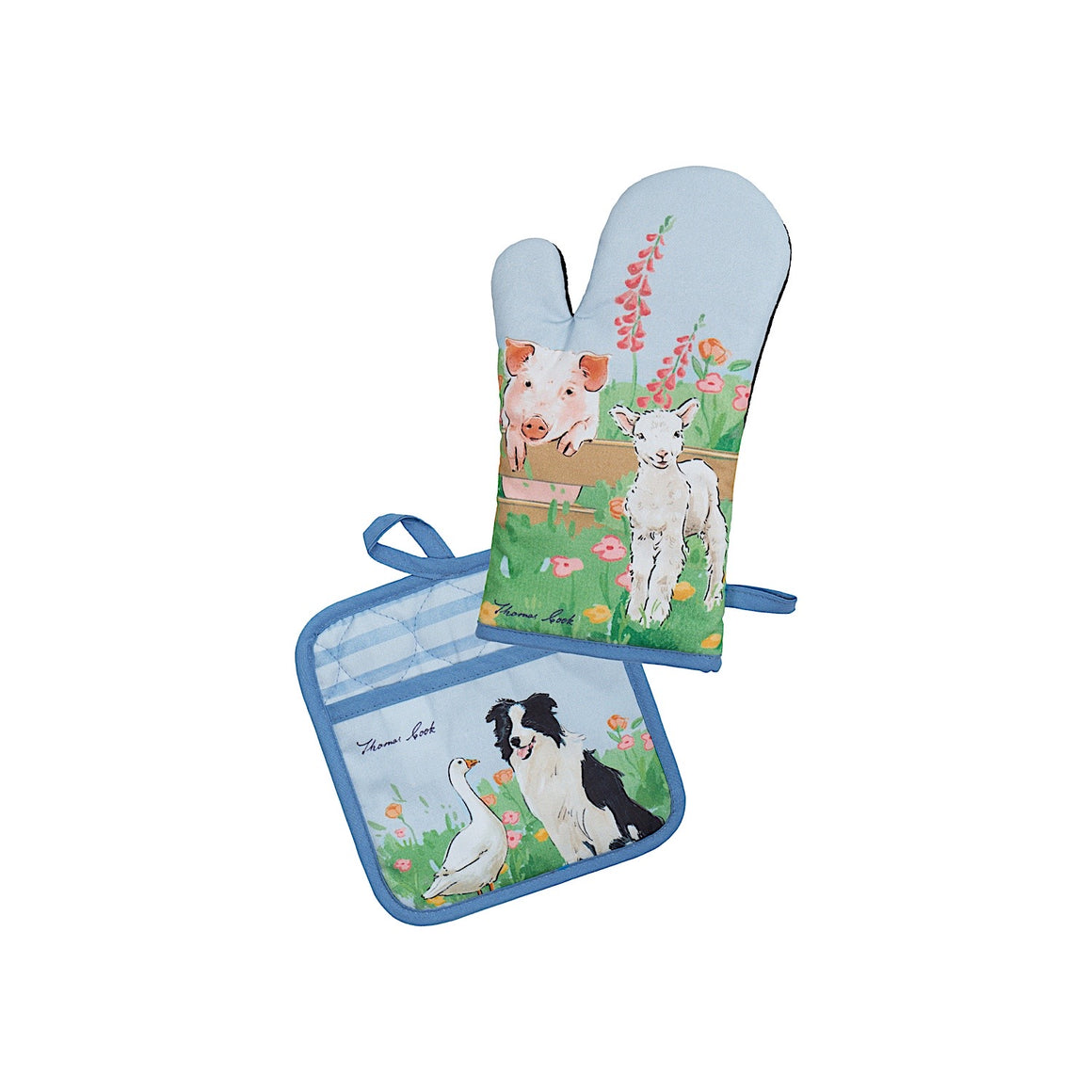 Thomas Cook Oven Mitt & Pot Holder Set - Light Blue (Farm Friends)