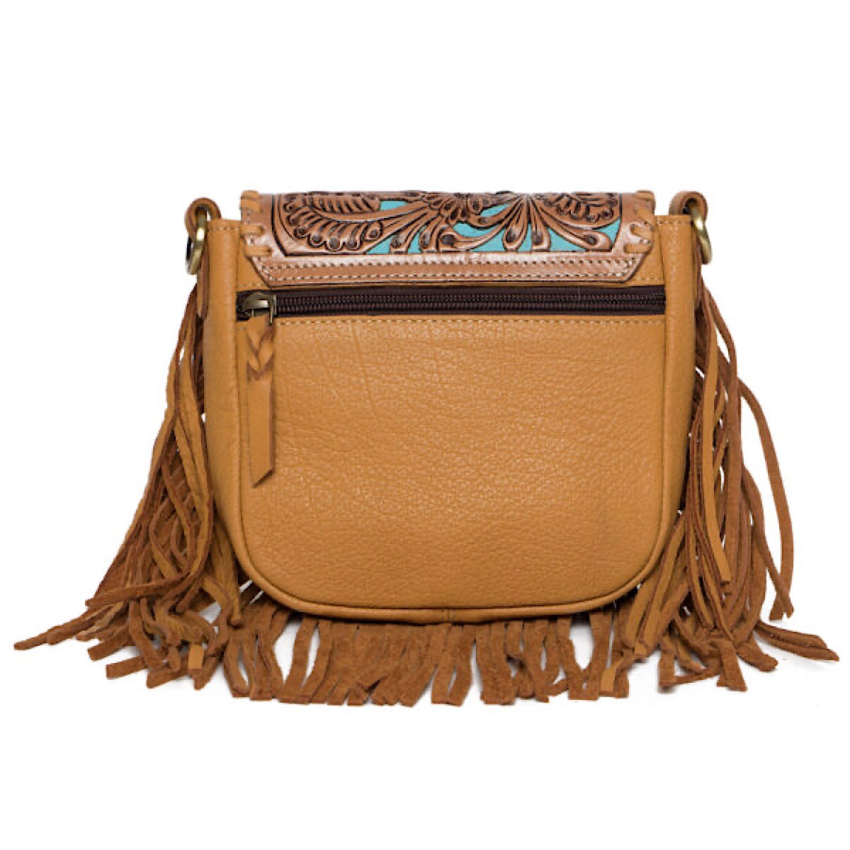 The Design Edge Womens Tooling Leather Hand Carved Flap Sling Bag with Turquoise Base - Tan