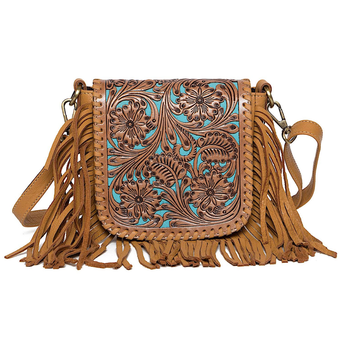 The Design Edge Womens Tooling Leather Hand Carved Flap Sling Bag with Turquoise Base - Tan