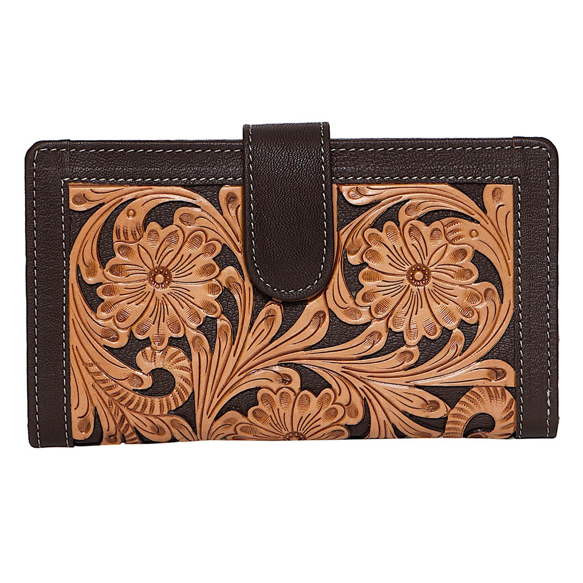 The Design Edge Womens Tooling Leather Carved Clutch Wallet – Brown