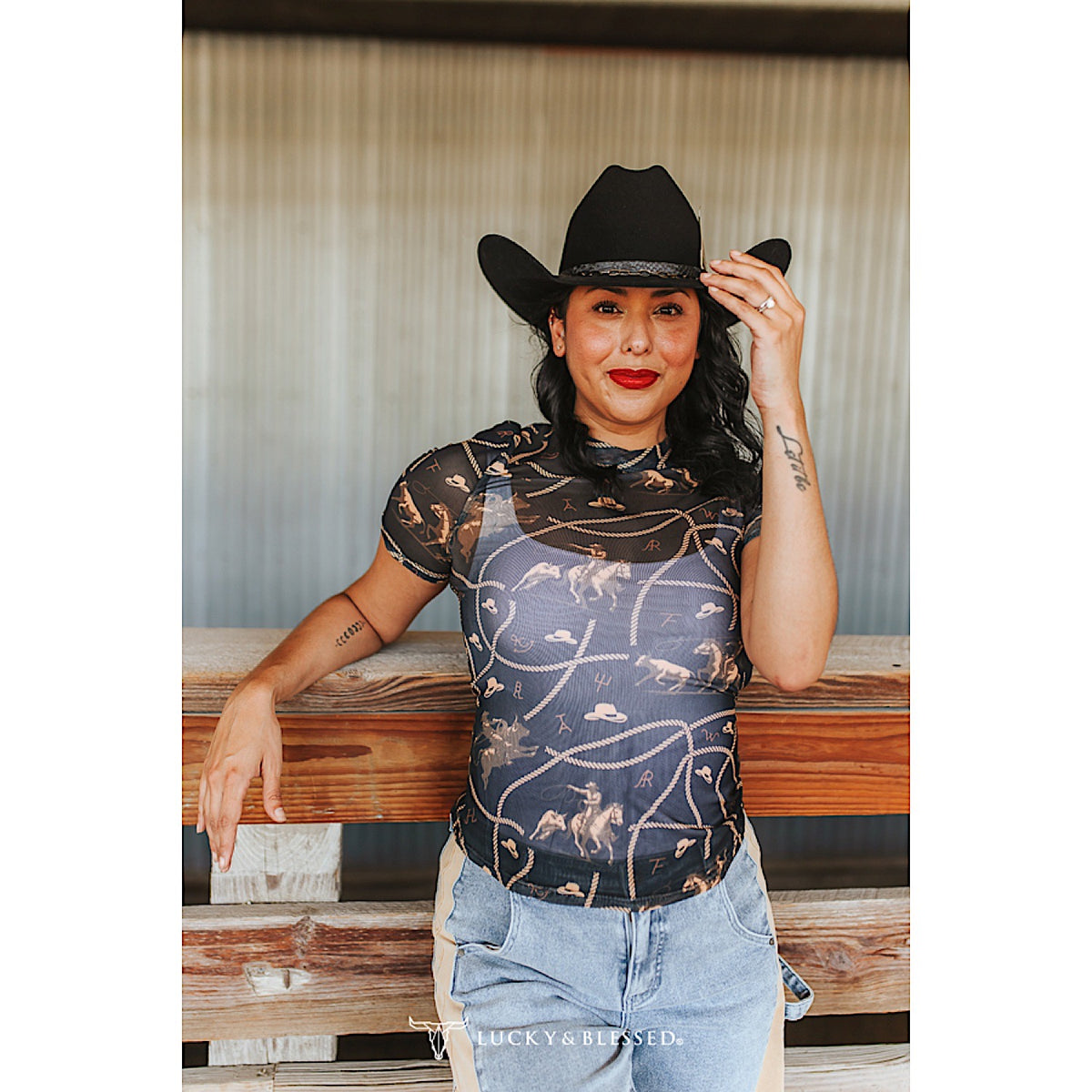 Lucky & Blessed Women's Mesh Short Sleeve Top - Black Ranch Brand Rope