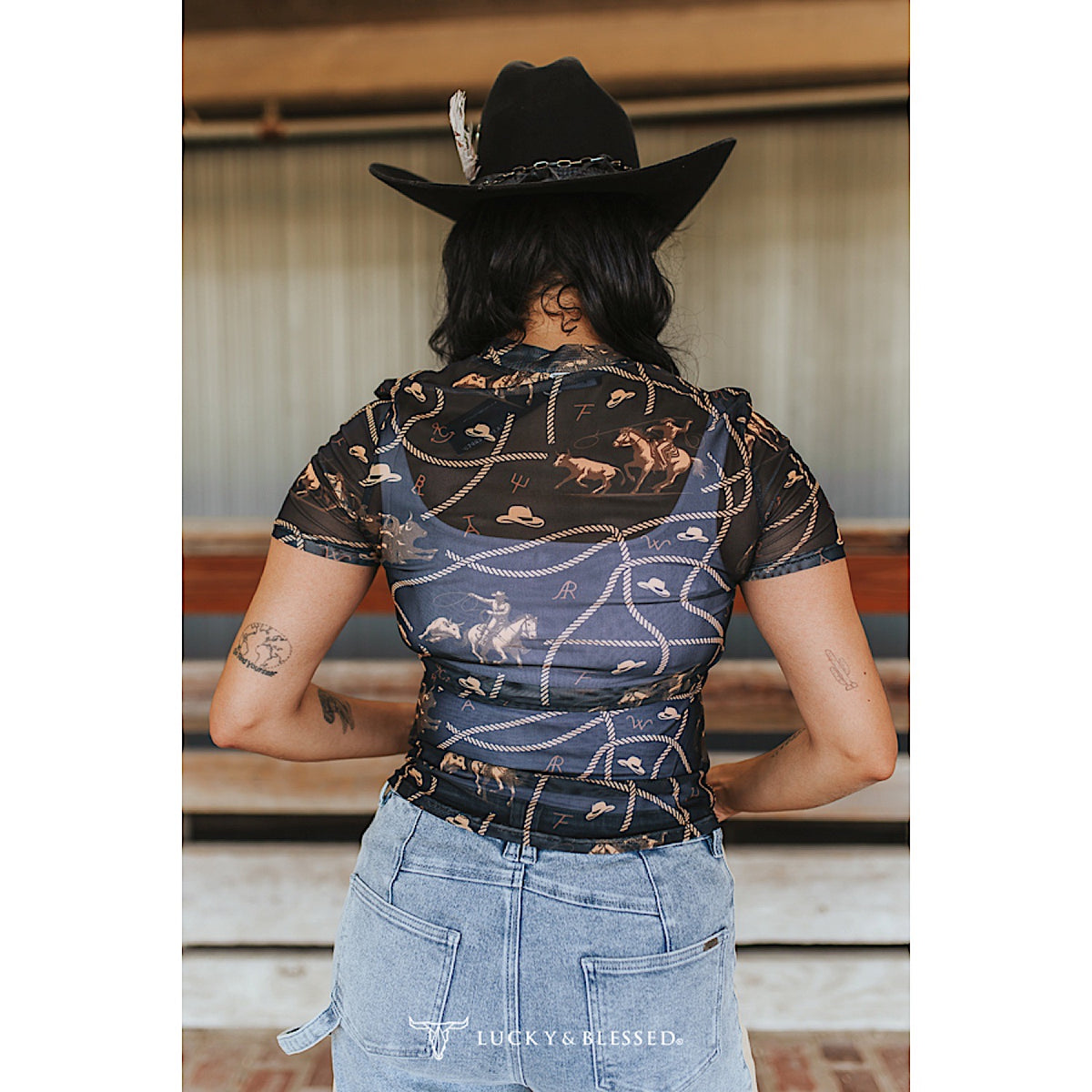 Lucky & Blessed Women's Mesh Short Sleeve Top - Black Ranch Brand Rope