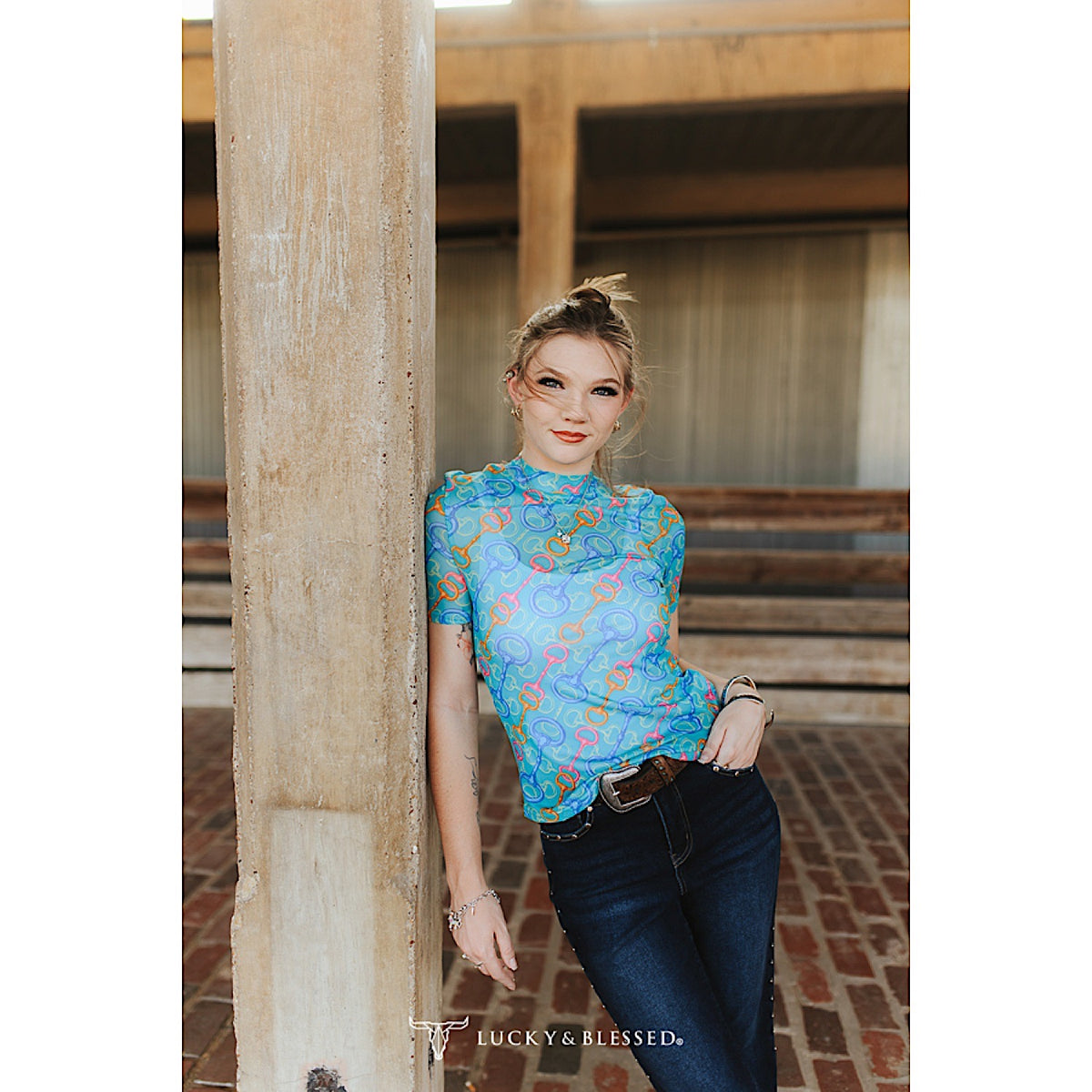 Lucky & Blessed Women's Mesh Short Sleeve Top - Turquoise Horse Bit Print