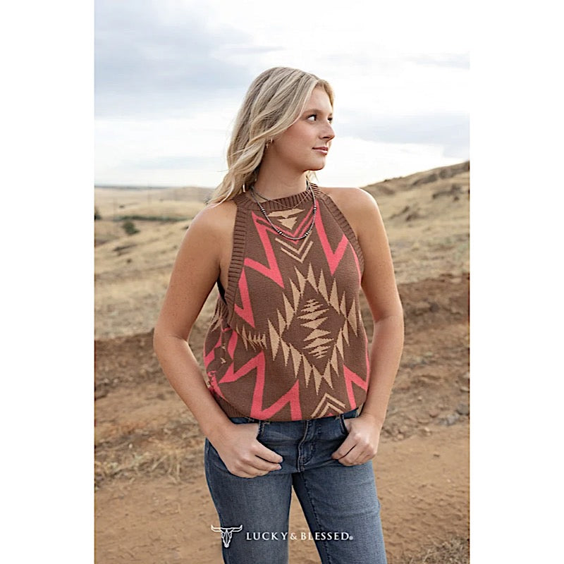 Lucky & Blessed Women's Brown Aztec Sleeveless Knit Tank Top