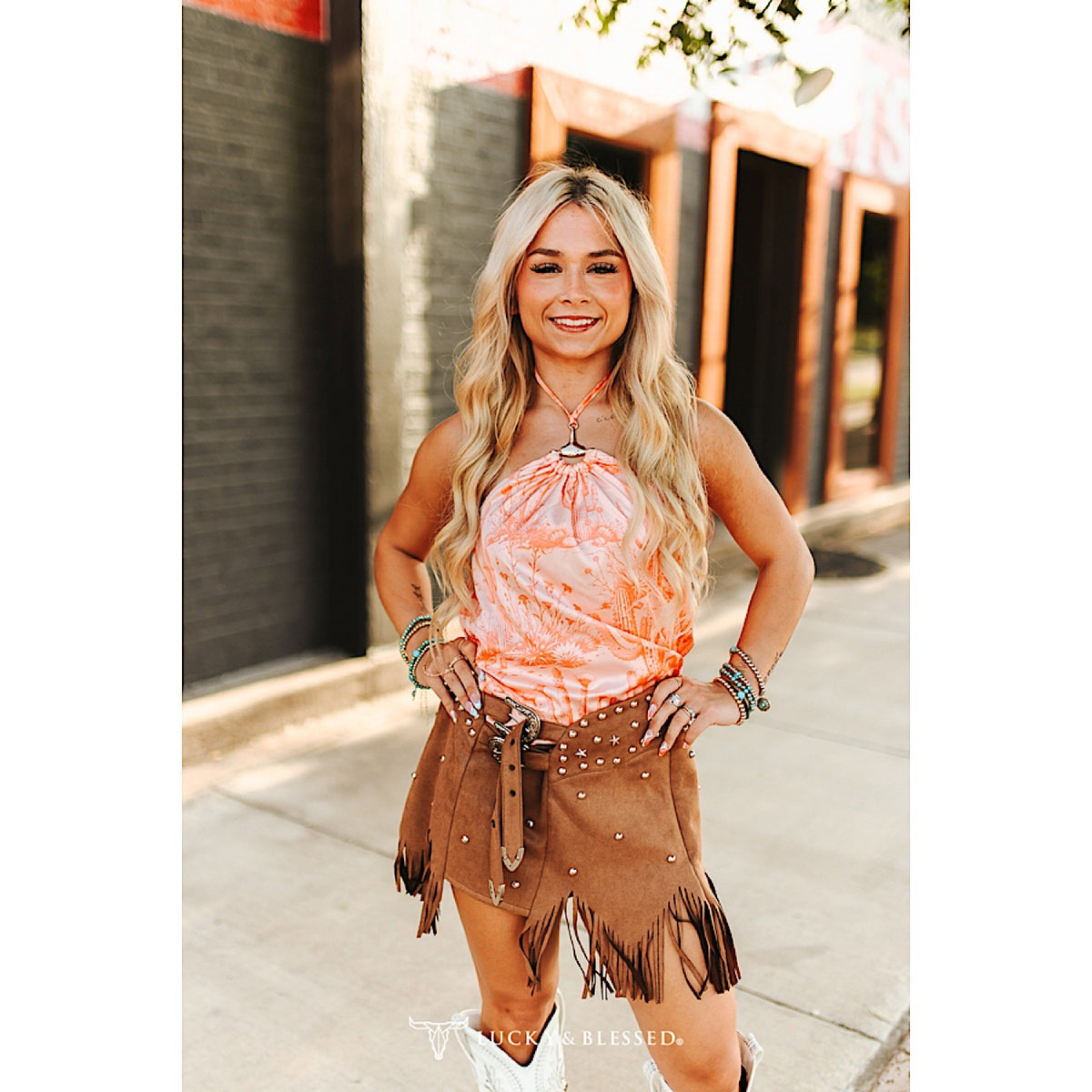 Lucky & Blessed Women's Snaffle Bit Halter Tie Top - Pink Cactus Western Desert Print
