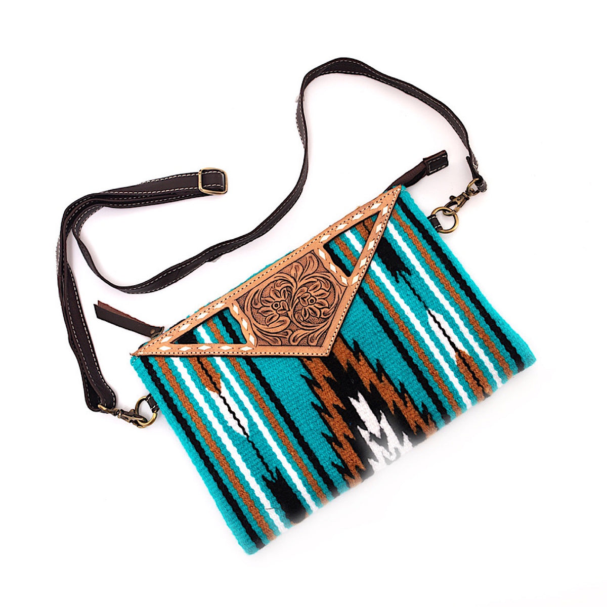 The Design Edge Women’s Saddle Blanket Large Bag - Turquoise / Brown Tooled Leather