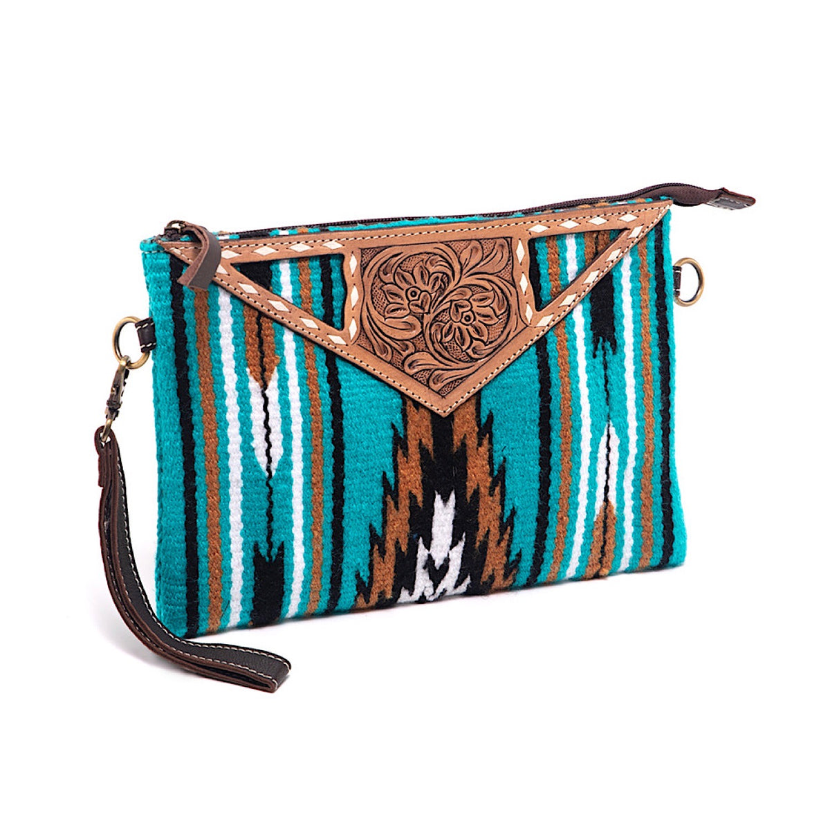 The Design Edge Women’s Saddle Blanket Large Bag - Turquoise / Brown Tooled Leather