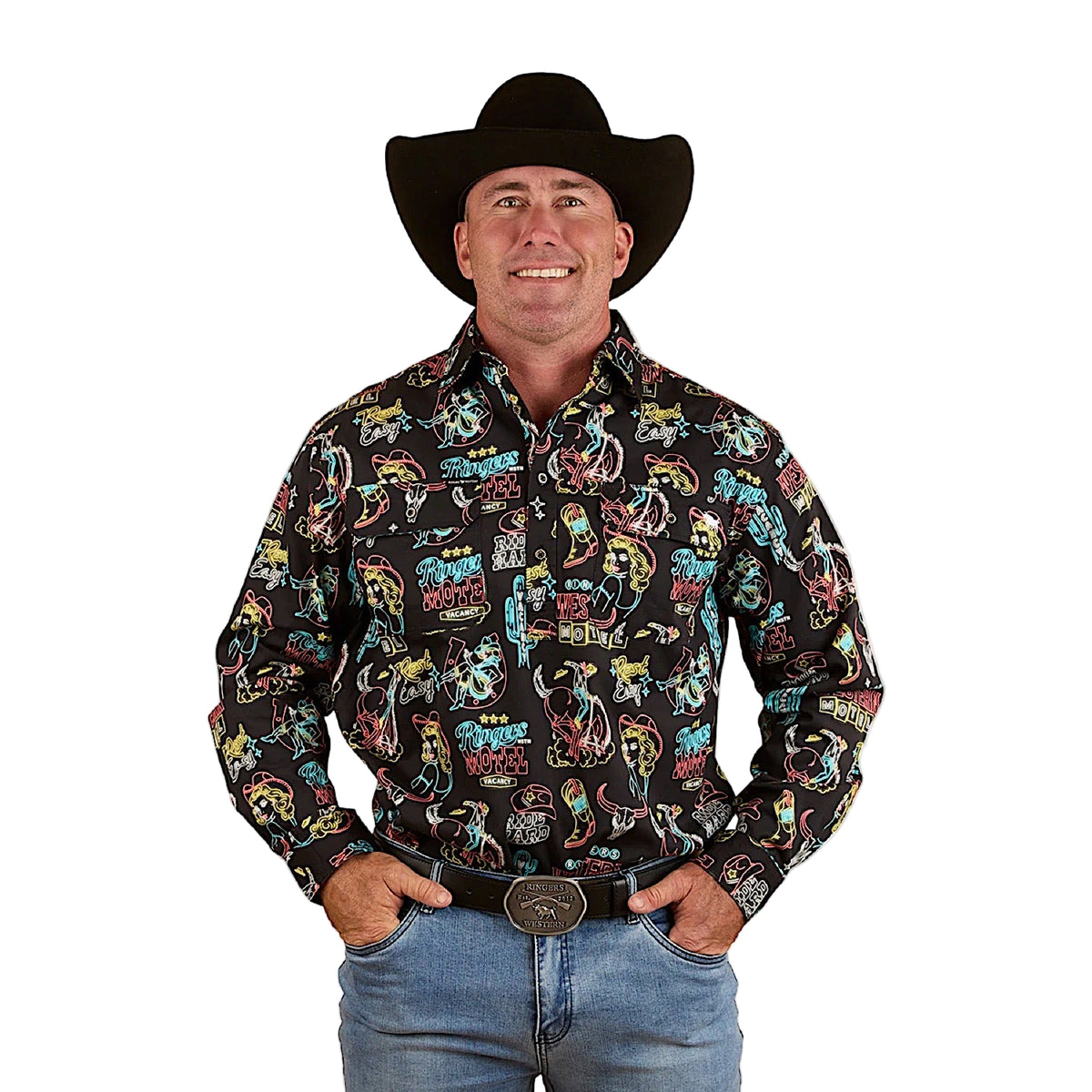 Ringers Western Men's The Dyno Limited Edition Half Button Work Shirt - Black/Multi
