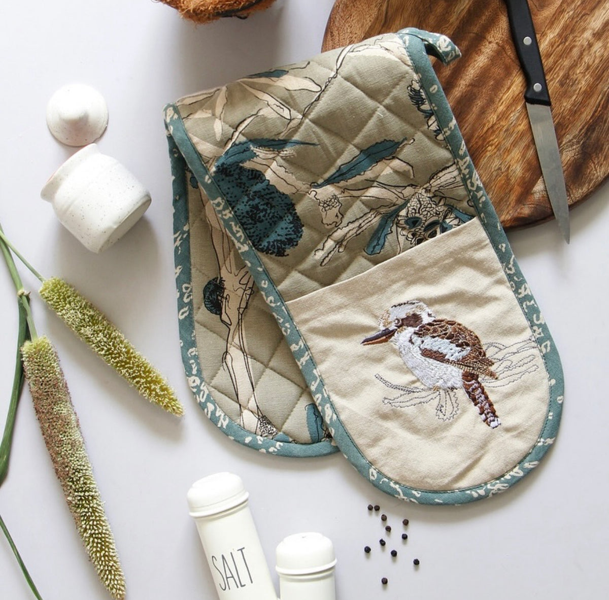 The Linen Press Double Mitt - Kookaburra & Banksia