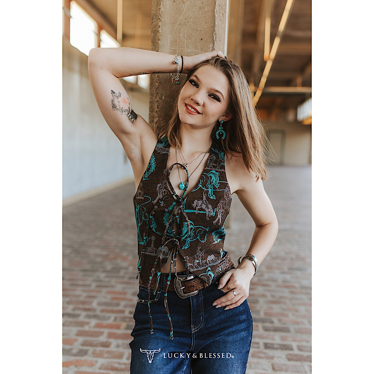 Lucky & Blessed Women's Woven Front Lace-Up Tie Halter Top - Brown Horse Jacquard